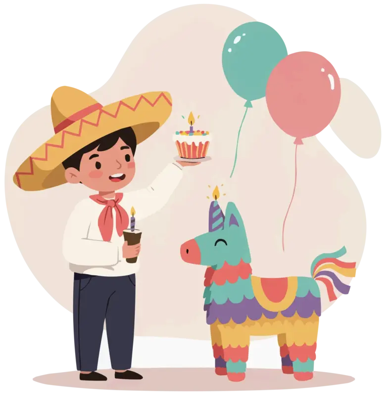 Ilustración de un niño pequeño con sombrero, sosteniendo un cupcake con una vela encendida, frente a una piñata colorida y globos